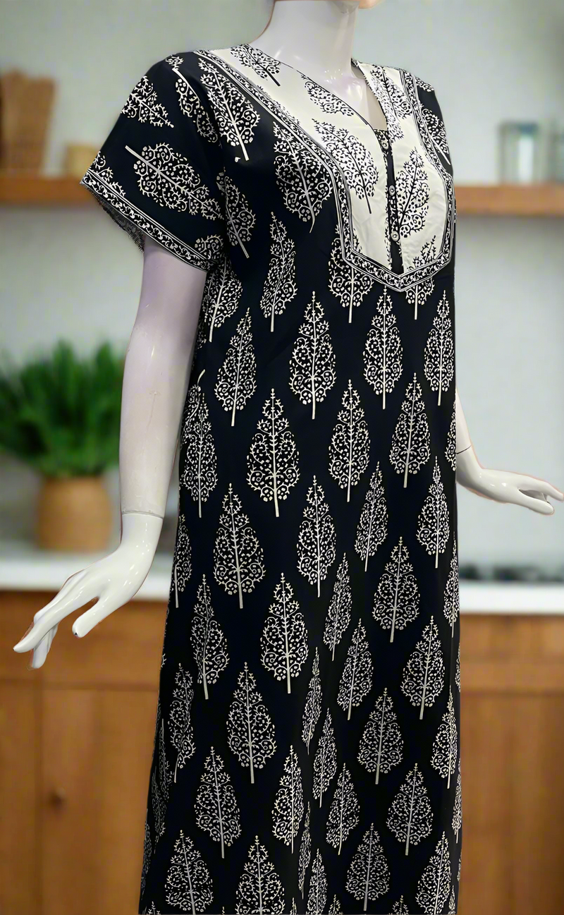 Black/White Floral Pure Cotton Nighty. Pure Durable Cotton | Laces and Frills