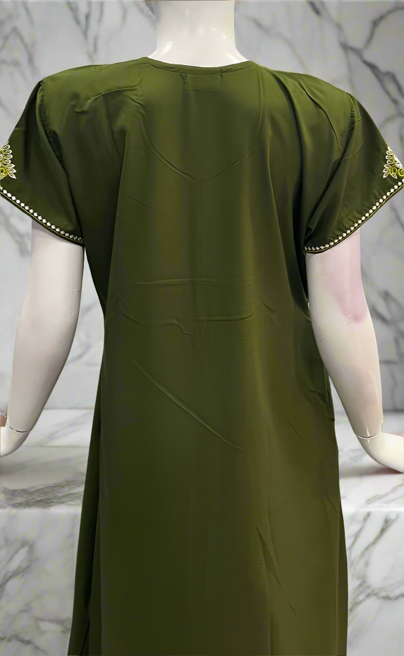 Mehndi Green Embroidery Soft Cotton Nighty. Soft Breathable Fabric | Laces and Frills