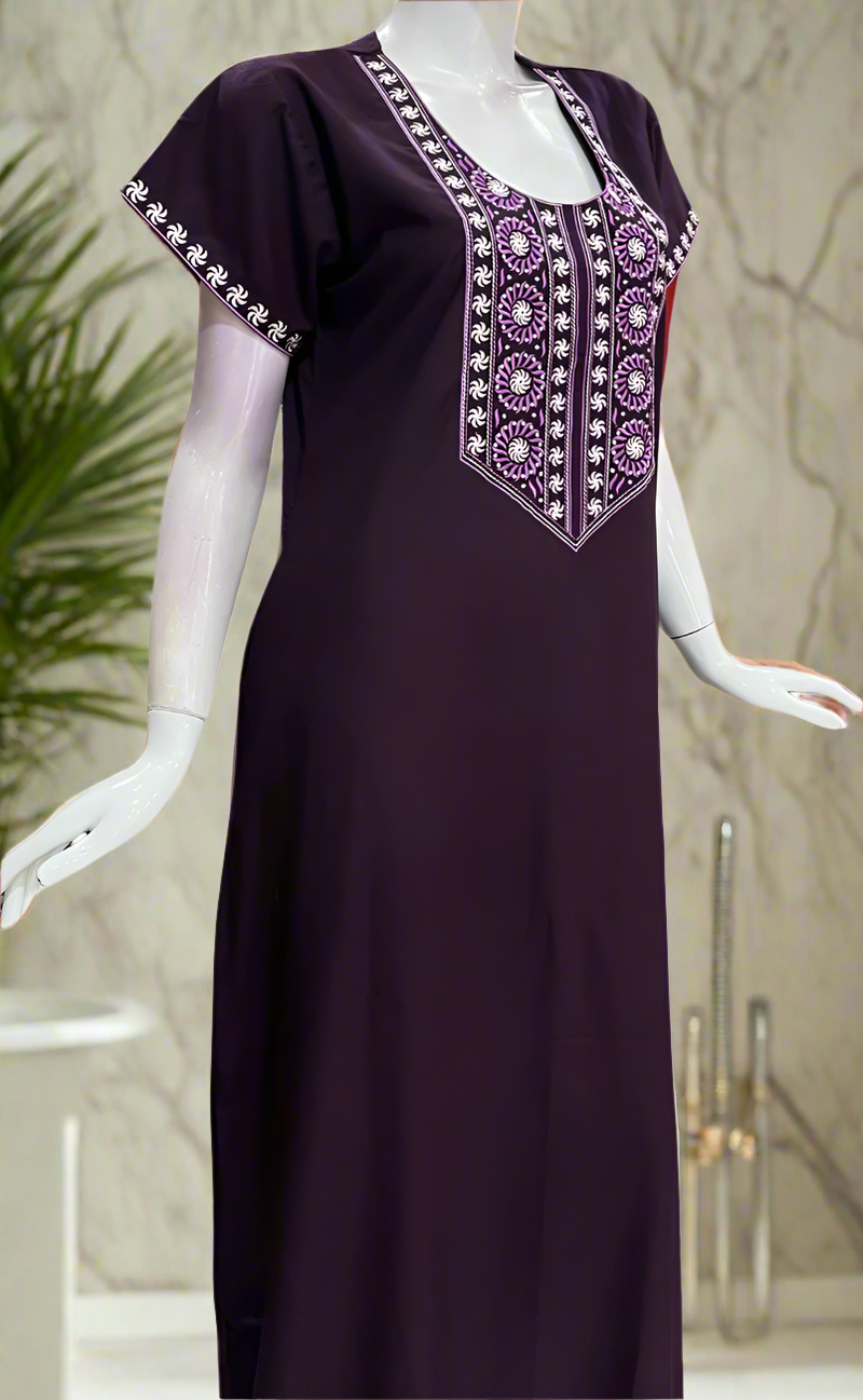 Dark Violet Embroidery Soft Cotton Nighty. Soft Breathable Fabric | Laces and Frills
