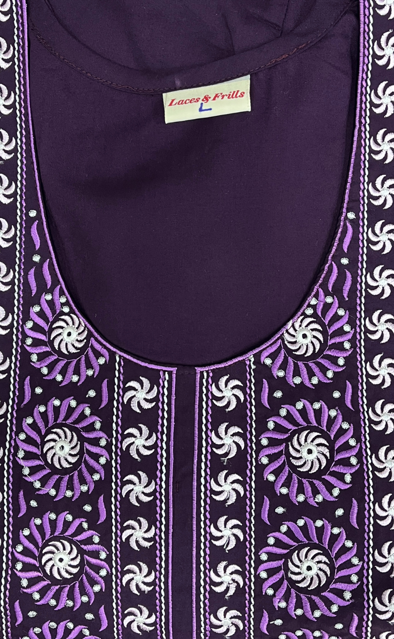 Dark Violet Embroidery Soft Cotton Nighty. Soft Breathable Fabric | Laces and Frills