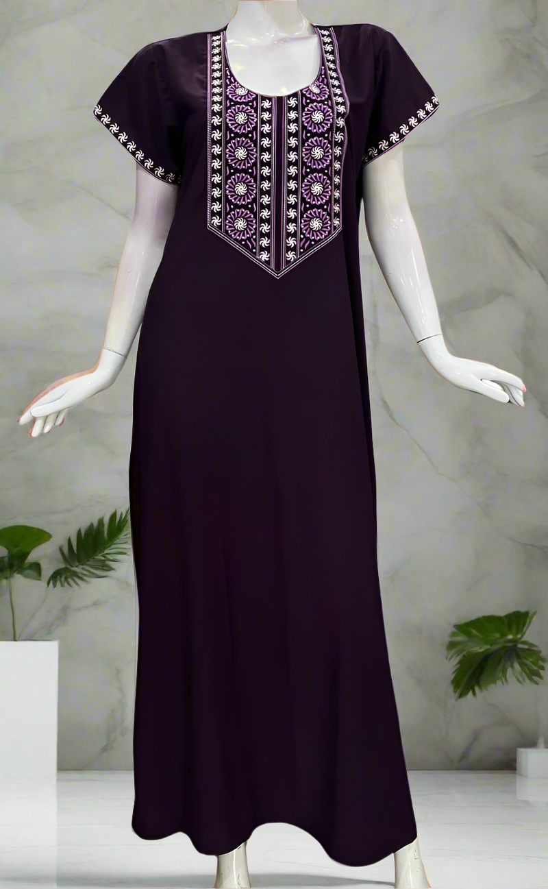 Dark Violet Embroidery Soft Cotton Nighty. Soft Breathable Fabric | Laces and Frills