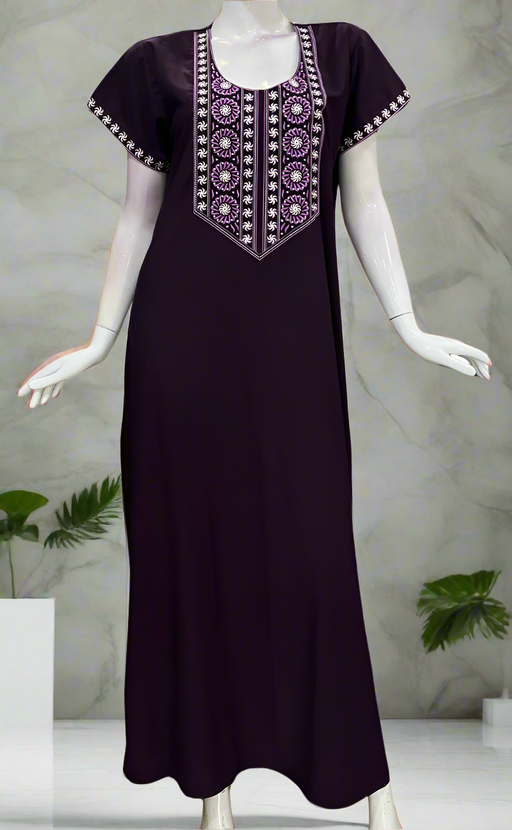 Dark Violet Embroidery Soft Cotton Nighty. Soft Breathable Fabric | Laces and Frills