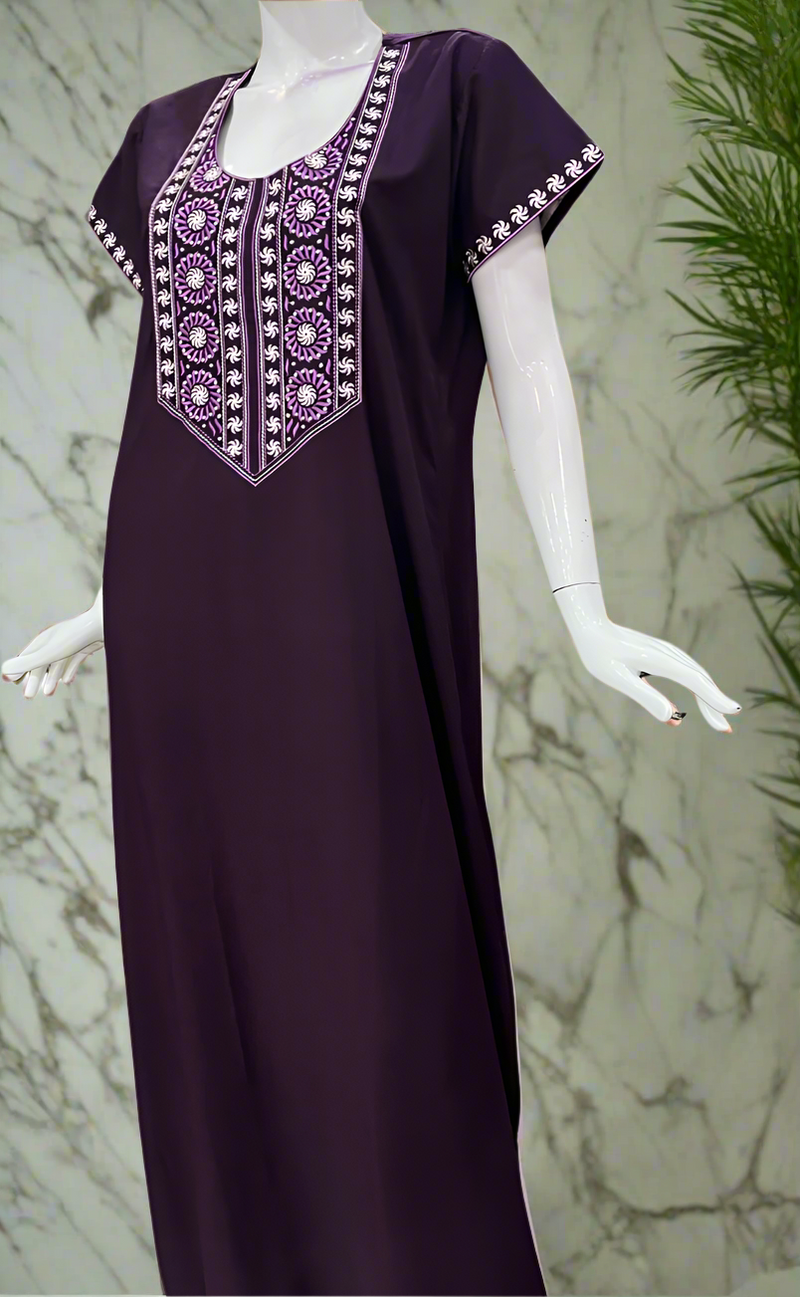 Dark Violet Embroidery Soft Cotton Nighty. Soft Breathable Fabric | Laces and Frills
