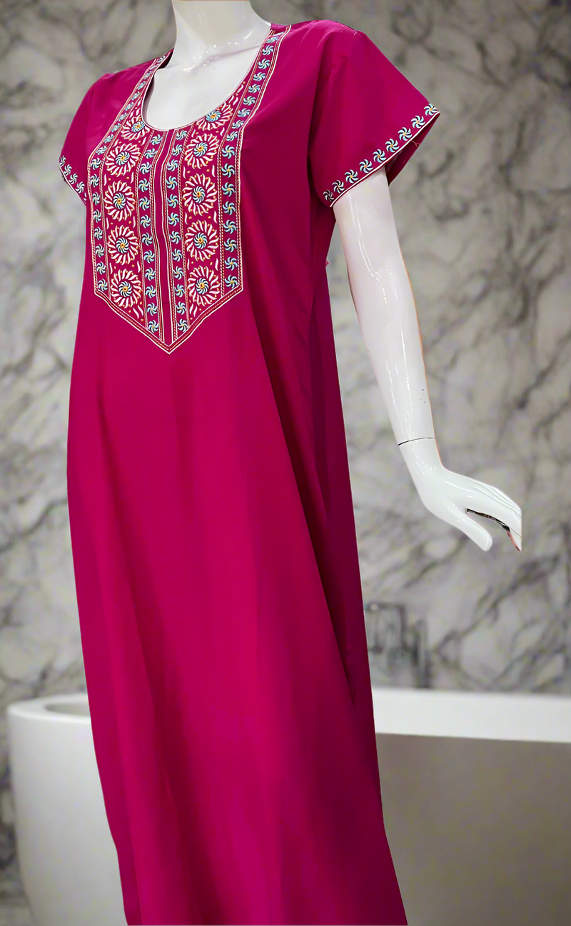 Pink Embroidery Soft Cotton Nighty. Soft Breathable Fabric | Laces and Frills