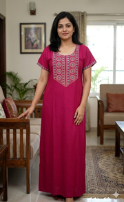Pink Embroidery Soft Cotton Nighty. Soft Breathable Fabric | Laces and Frills - Laces and Frills