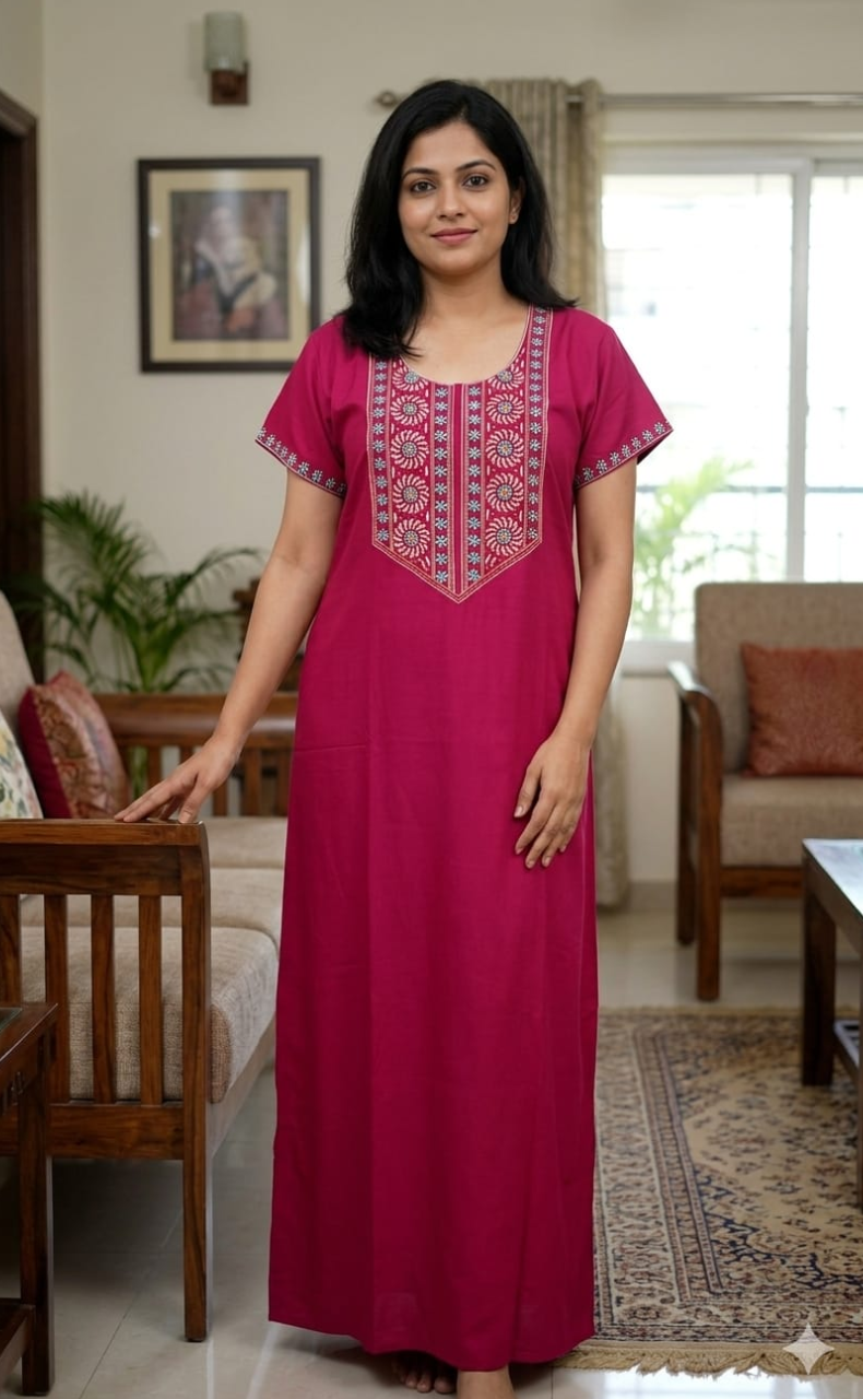 Pink Embroidery Soft Cotton Nighty. Soft Breathable Fabric | Laces and Frills - Laces and Frills