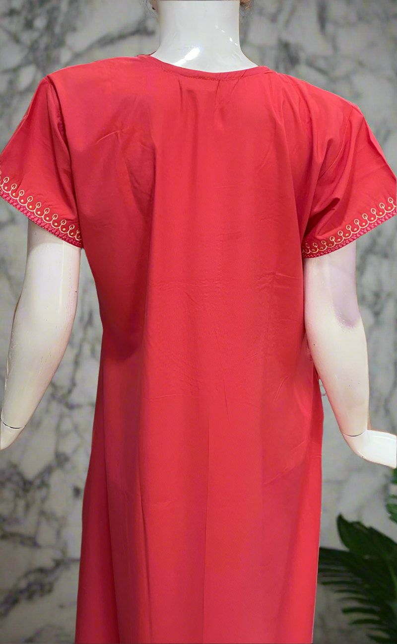 Peach Embroidery Soft Cotton Nighty. Soft Breathable Fabric | Laces and Frills