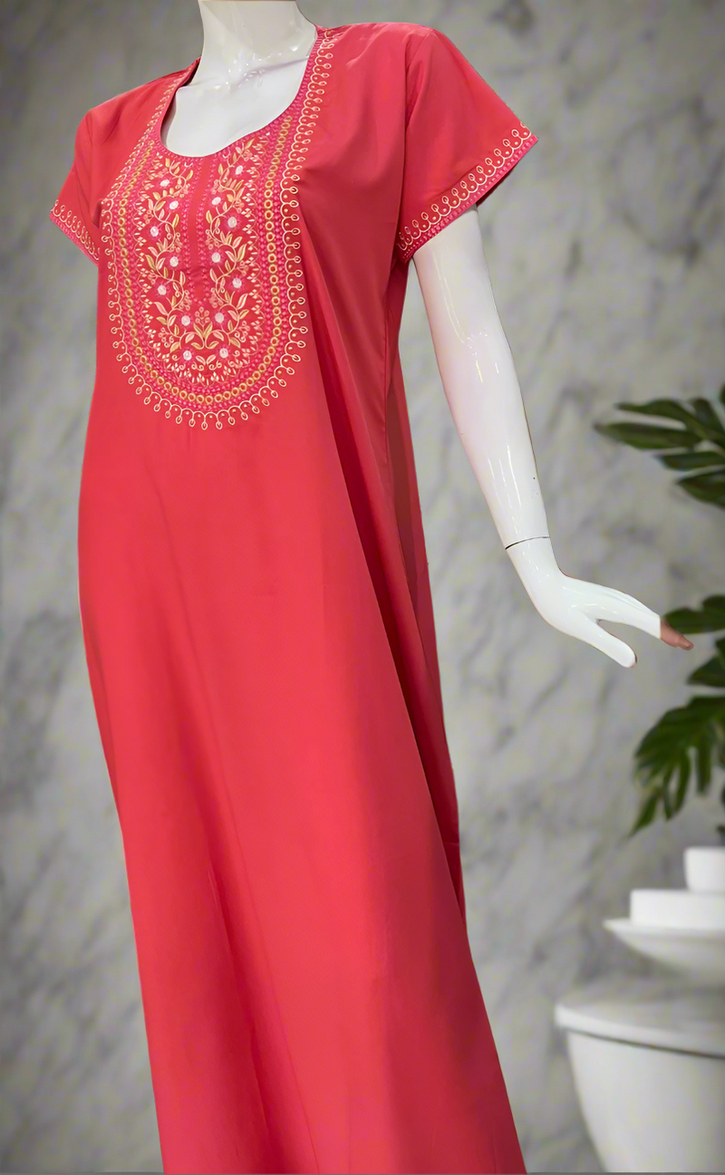 Peach Embroidery Soft Cotton Nighty. Soft Breathable Fabric | Laces and Frills