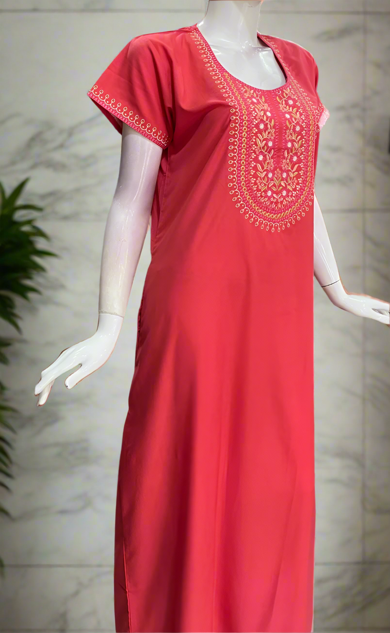 Peach Embroidery Soft Cotton Nighty. Soft Breathable Fabric | Laces and Frills