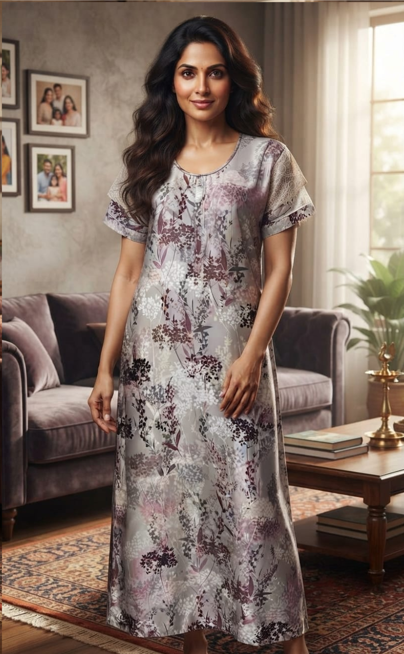 Grey/Pink Garden Satin Nighty. Soft Silky Satin | Laces and Frills