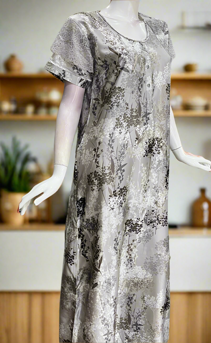 Grey/Brown Garden Satin Nighty. Soft Silky Satin | Laces and Frills