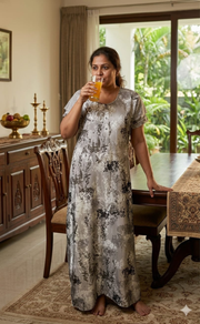 Grey/Brown Garden Satin Nighty. Soft Silky Satin | Laces and Frills - Laces and Frills
