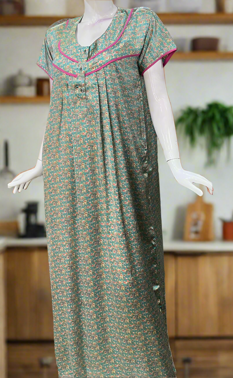 Sky Blue Tiny Flora Satin Nighty. Soft Silky Satin | Laces and Frills