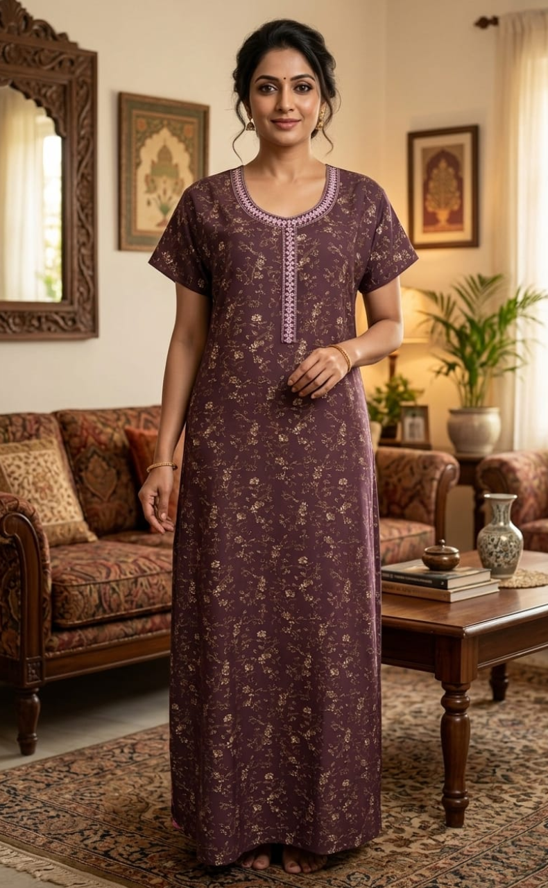 Purple/Grey Floral Spun Nighty. Flowy Spun Fabric | Laces and Frills