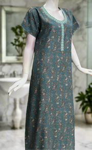 Sea Green Floral Spun Nighty. Flowy Spun Fabric | Laces and Frills