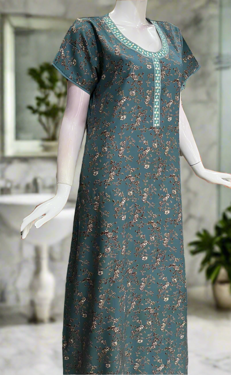 Sea Green Floral Spun Nighty. Flowy Spun Fabric | Laces and Frills