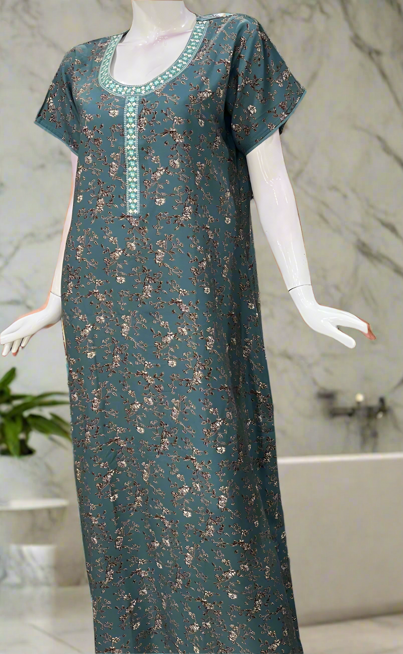 Sea Green Floral Spun Nighty. Flowy Spun Fabric | Laces and Frills