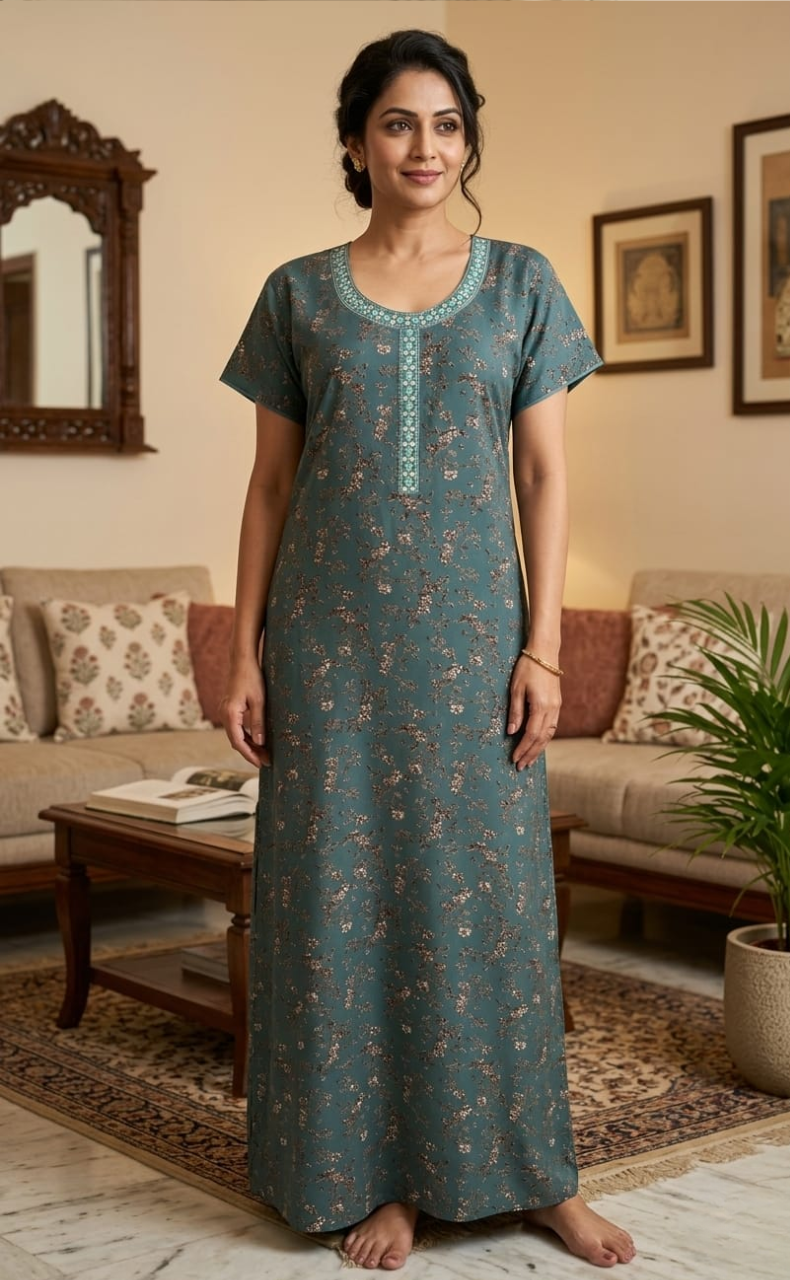 Sea Green Floral Spun Nighty. Flowy Spun Fabric | Laces and Frills