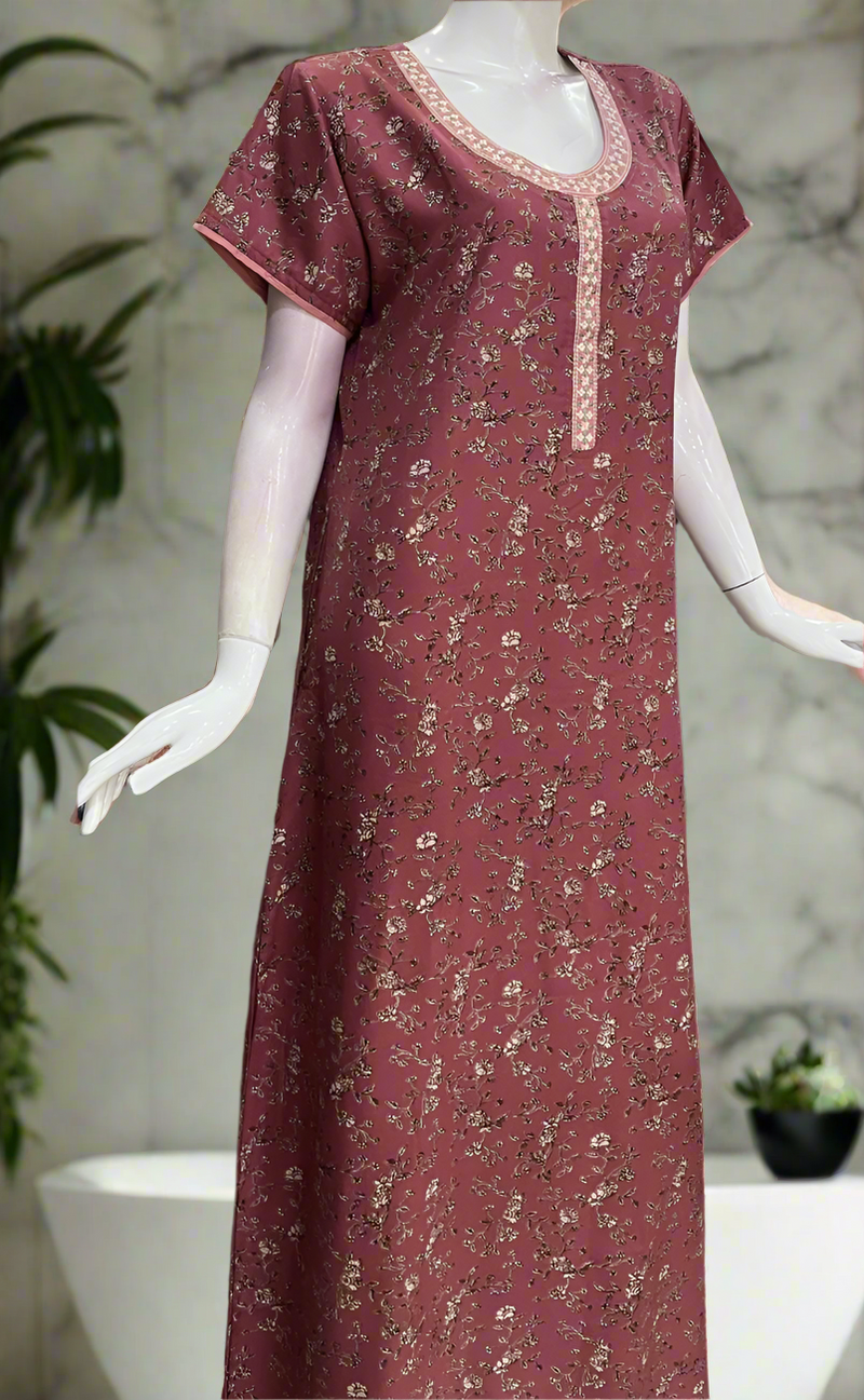 Onion Pink Floral Spun Nighty. Flowy Spun Fabric | Laces and Frills