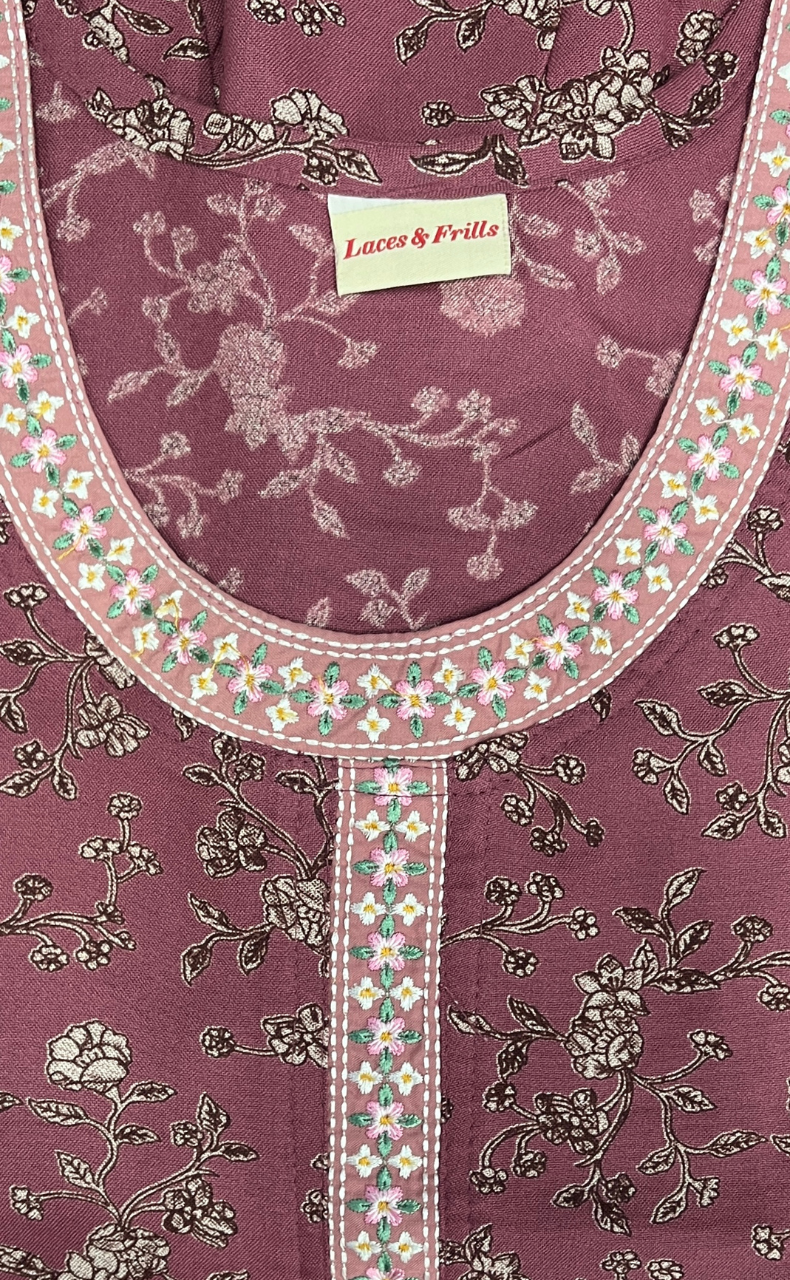 Onion Pink Floral Spun Nighty. Flowy Spun Fabric | Laces and Frills