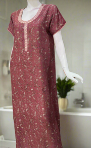 Onion Pink Floral Spun Nighty. Flowy Spun Fabric | Laces and Frills