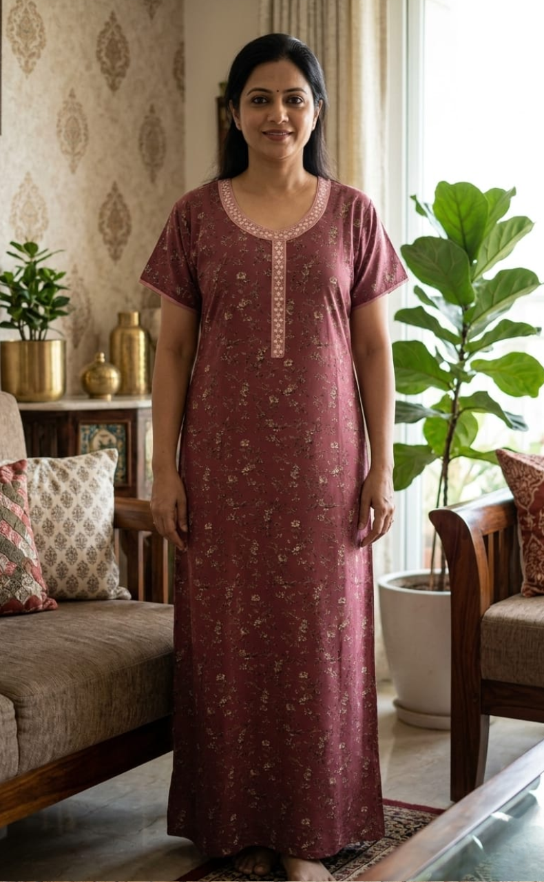 Onion Pink Floral Spun Nighty. Flowy Spun Fabric | Laces and Frills