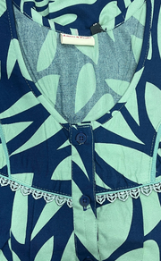 Pista Green/Navy Blue Leafy Rayon Nighty. Flowy Rayon Fabric | Laces and Frills - Laces and Frills
