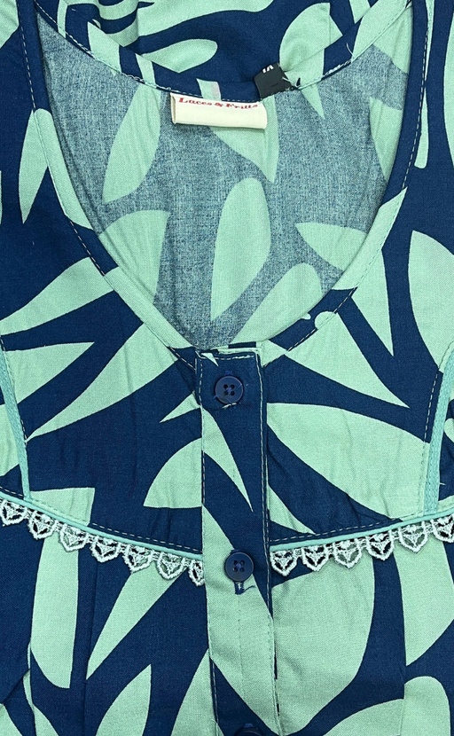 Pista Green/Navy Blue Leafy Rayon Nighty. Flowy Rayon Fabric | Laces and Frills - Laces and Frills