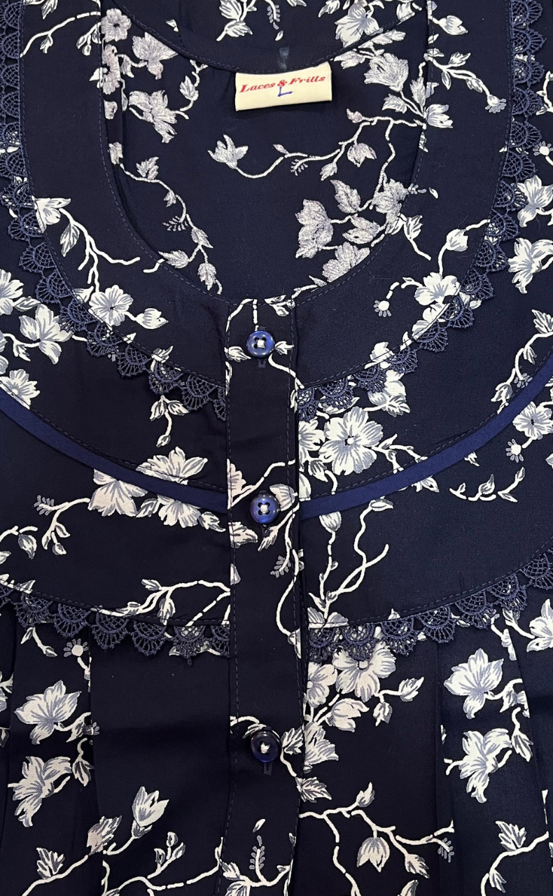 Navy Blue Garden Rayon Nighty. Flowy Rayon Fabric | Laces and Frills - Laces and Frills