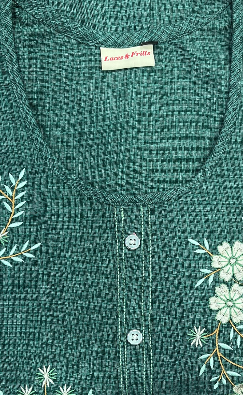 Green Flora Rayon Nighty.  Flowy Rayon Fabric | Laces and Frills - Laces and Frills