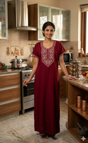 Red Embroidery Soft Cotton Nighty. Soft Breathable Fabric | Laces and Frills - Laces and Frills
