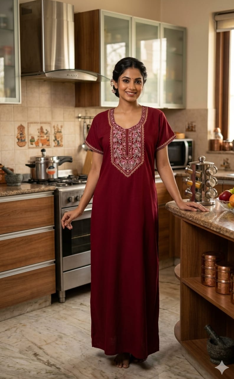 Red Embroidery Soft Cotton Nighty. Soft Breathable Fabric | Laces and Frills - Laces and Frills