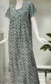 Teal Green Abstract Full Open Pure Cotton Nighty. Pure Durable Cotton | Laces and Frills