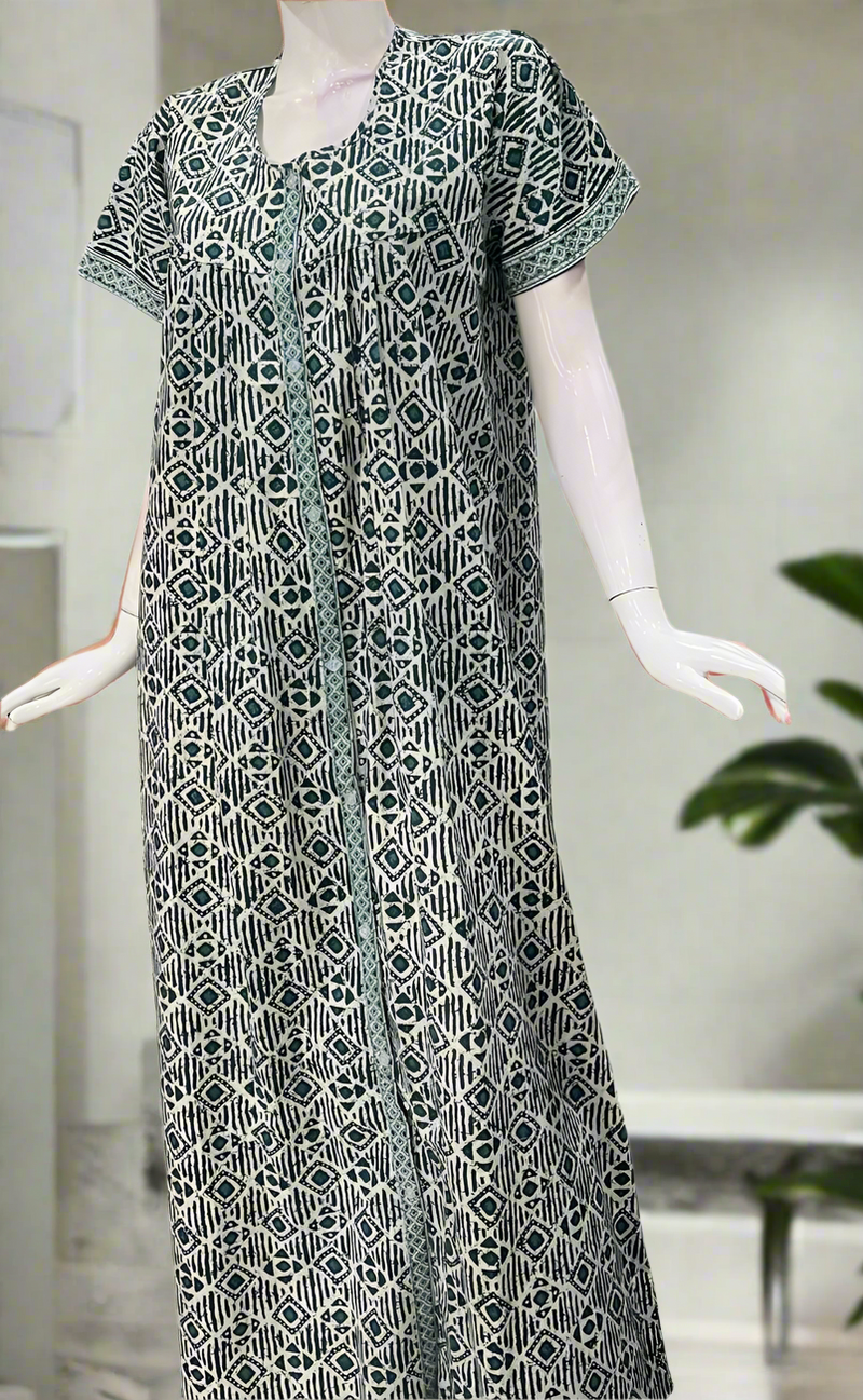 Teal Green Abstract Full Open Pure Cotton Nighty. Pure Durable Cotton | Laces and Frills