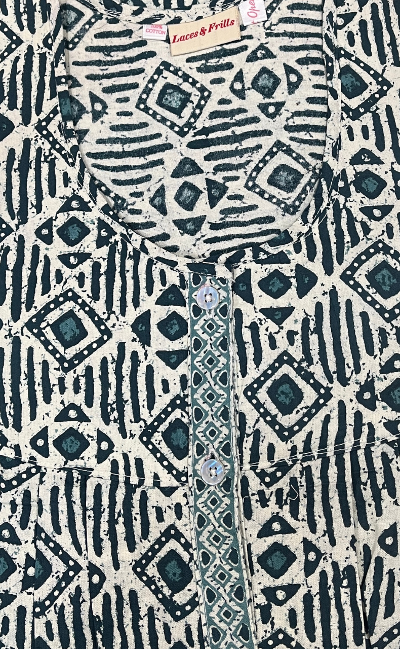 Teal Green Abstract Full Open Pure Cotton Nighty. Pure Durable Cotton | Laces and Frills - Laces and Frills