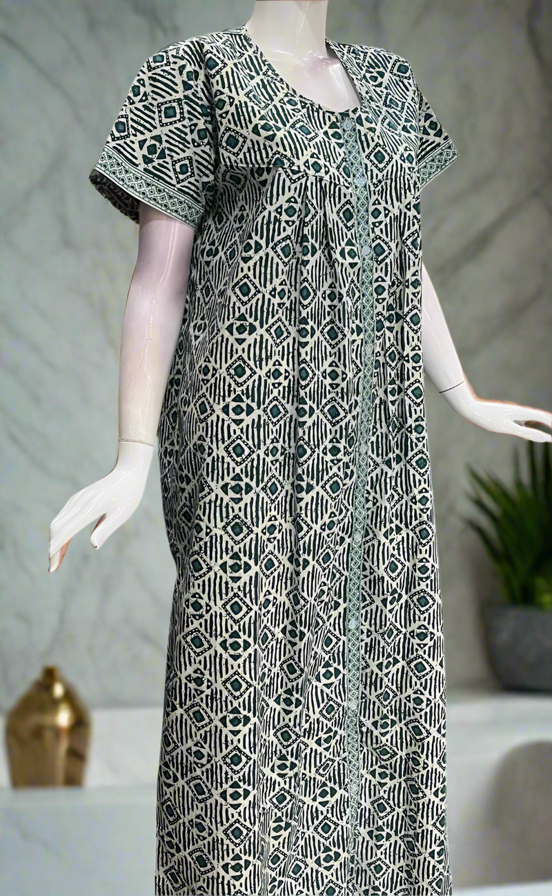 Teal Green Abstract Full Open Pure Cotton Nighty. Pure Durable Cotton | Laces and Frills