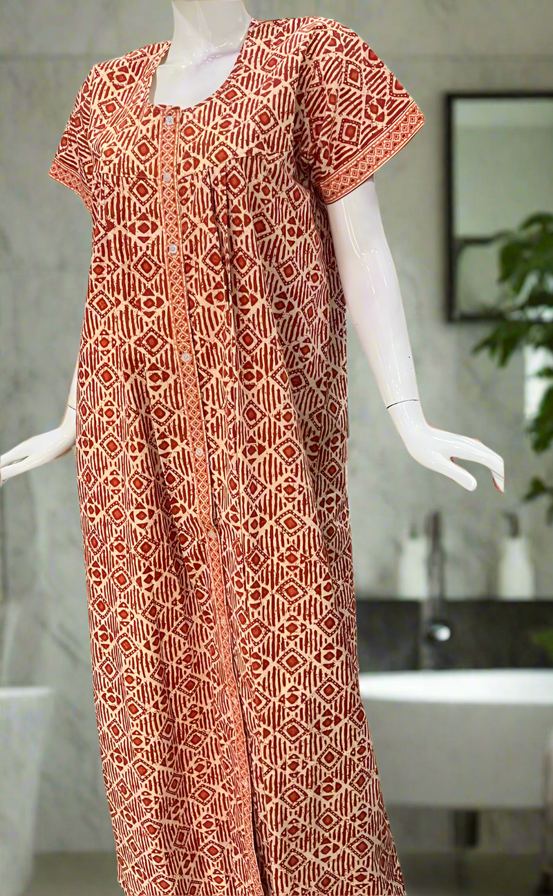 Rust Maroon Abstract Full Open Pure Cotton Nighty. Pure Durable Cotton | Laces and Frills