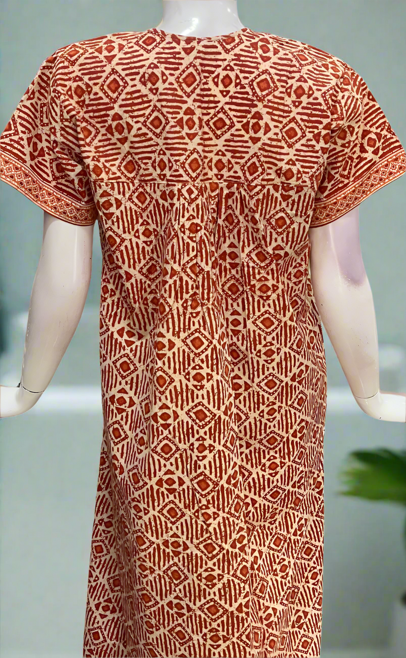 Rust Maroon Abstract Full Open Pure Cotton Nighty. Pure Durable Cotton | Laces and Frills
