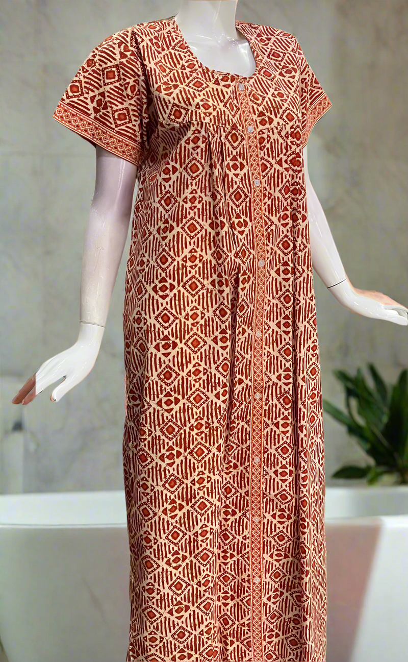 Rust Maroon Abstract Full Open Pure Cotton Nighty. Pure Durable Cotton | Laces and Frills