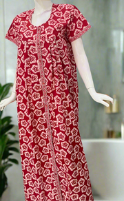 Red Batik Flora Full Open Pure Cotton Nighty. Pure Durable Cotton | Laces and Frills