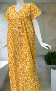 Yellow Batik Flora Full Open Pure Cotton Nighty. Pure Durable Cotton | Laces and Frills