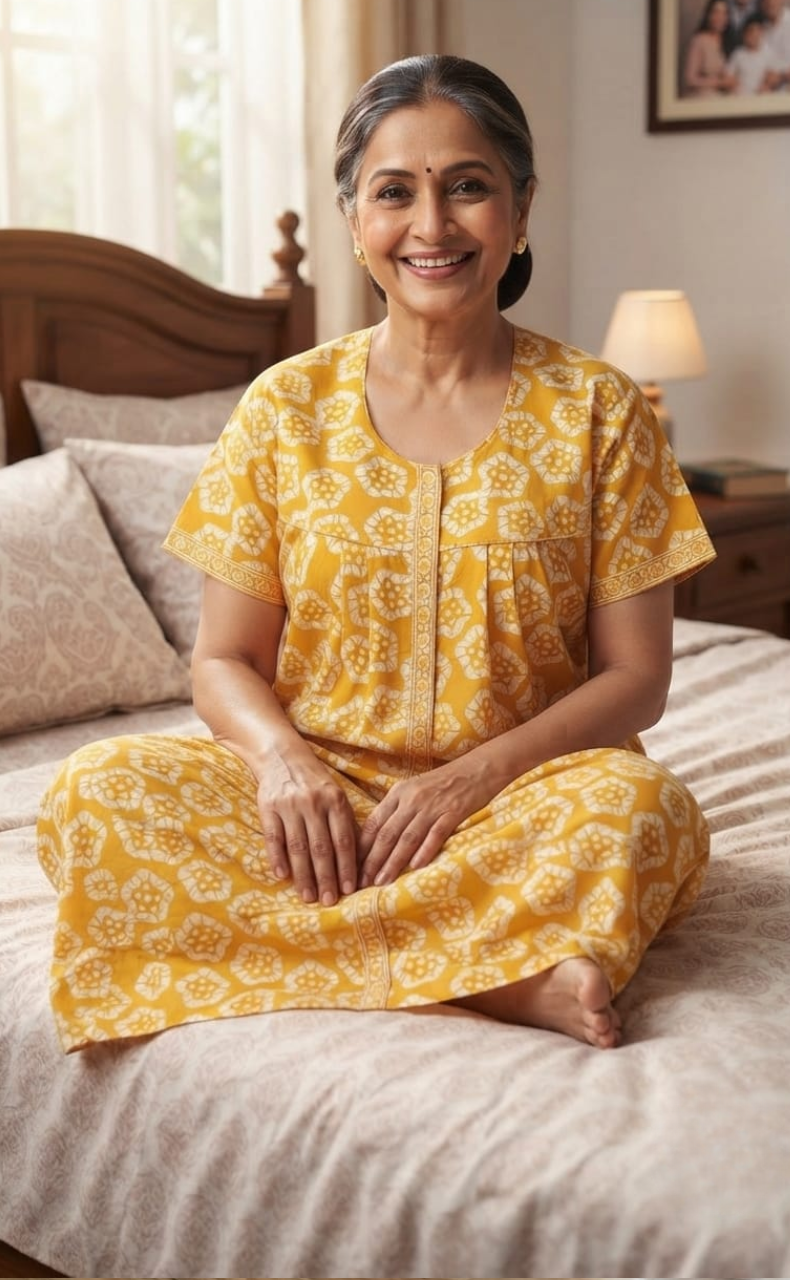 Yellow Batik Flora Full Open Pure Cotton Nighty. Pure Durable Cotton | Laces and Frills