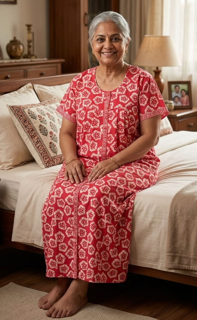 Peach Batik Flora Full Open Pure Cotton Nighty. Pure Durable Cotton | Laces and Frills