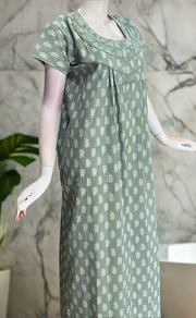 Pista Green Tiny Floral Pure Cotton Nighty. Pure Durable Cotton | Laces and Frills