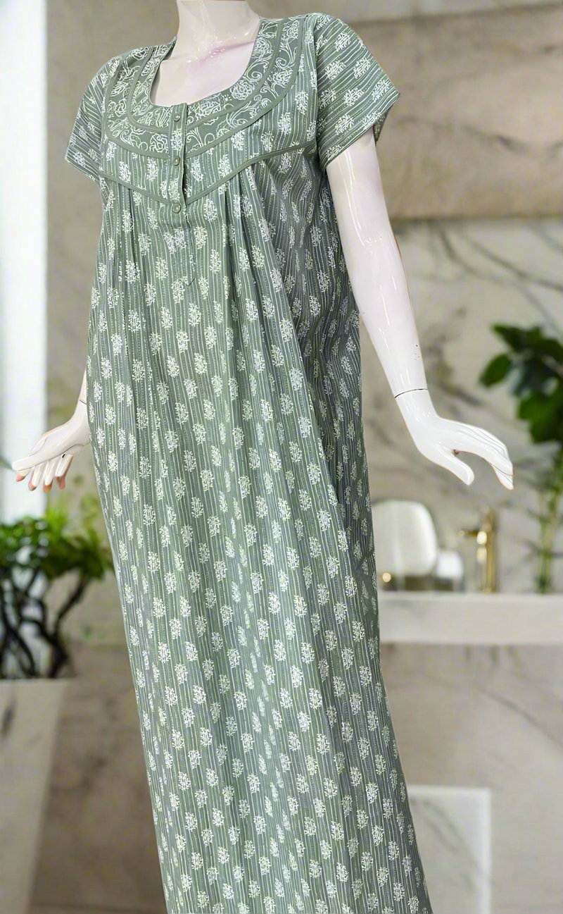 Pista Green Tiny Floral Pure Cotton Nighty. Pure Durable Cotton | Laces and Frills