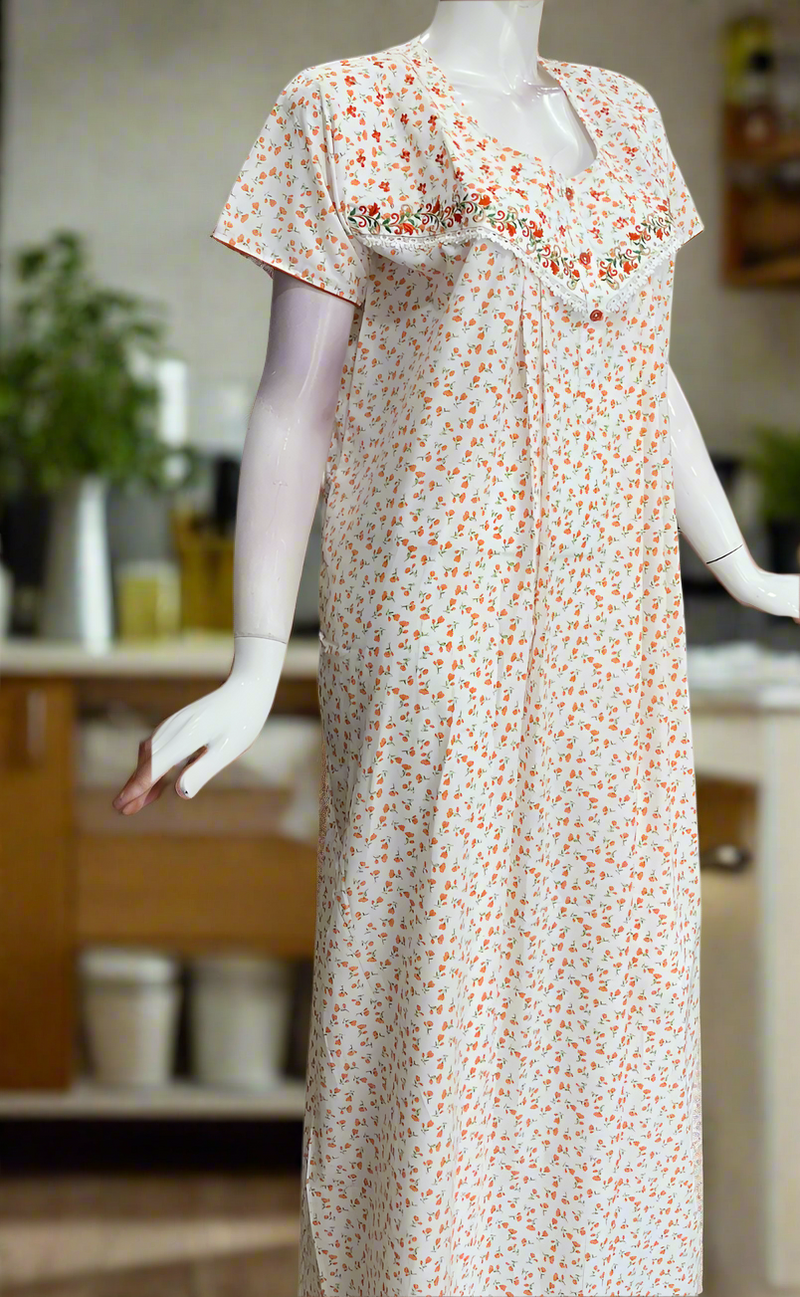 White/Orange Boutique Cotton Nighty . Pure Durable Cotton | Laces and Frills