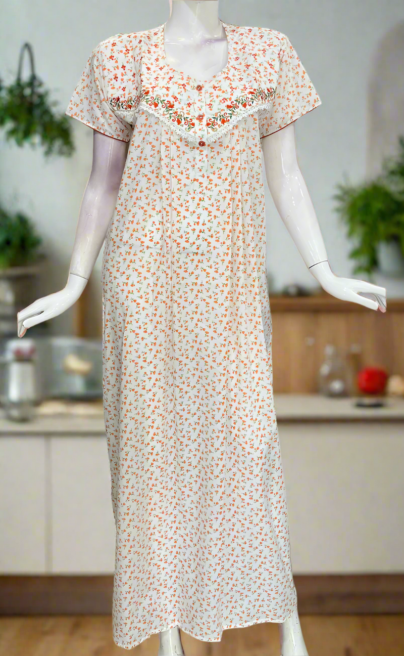 White/Orange Boutique Cotton Nighty . Pure Durable Cotton | Laces and Frills
