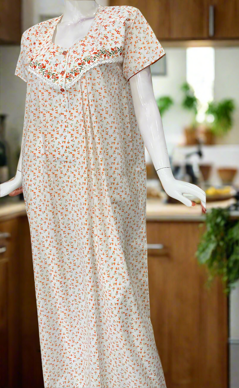 White/Orange Boutique Cotton Nighty . Pure Durable Cotton | Laces and Frills