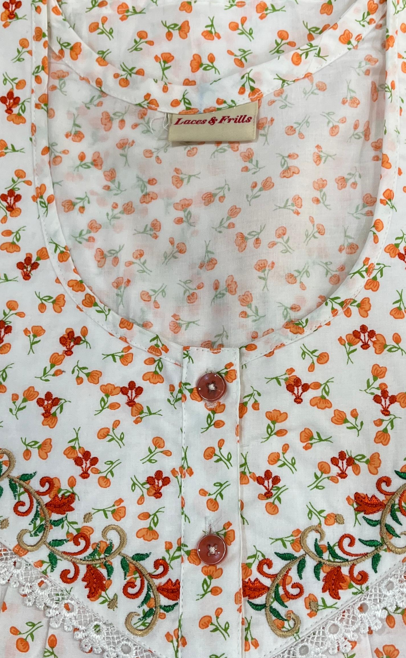 White/Orange Boutique Cotton Nighty . Pure Durable Cotton | Laces and Frills - Laces and Frills