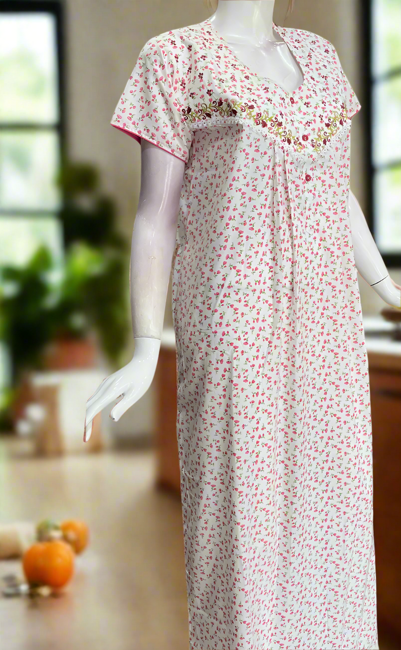 White/Pink Boutique Cotton Nighty . Pure Durable Cotton | Laces and Frills